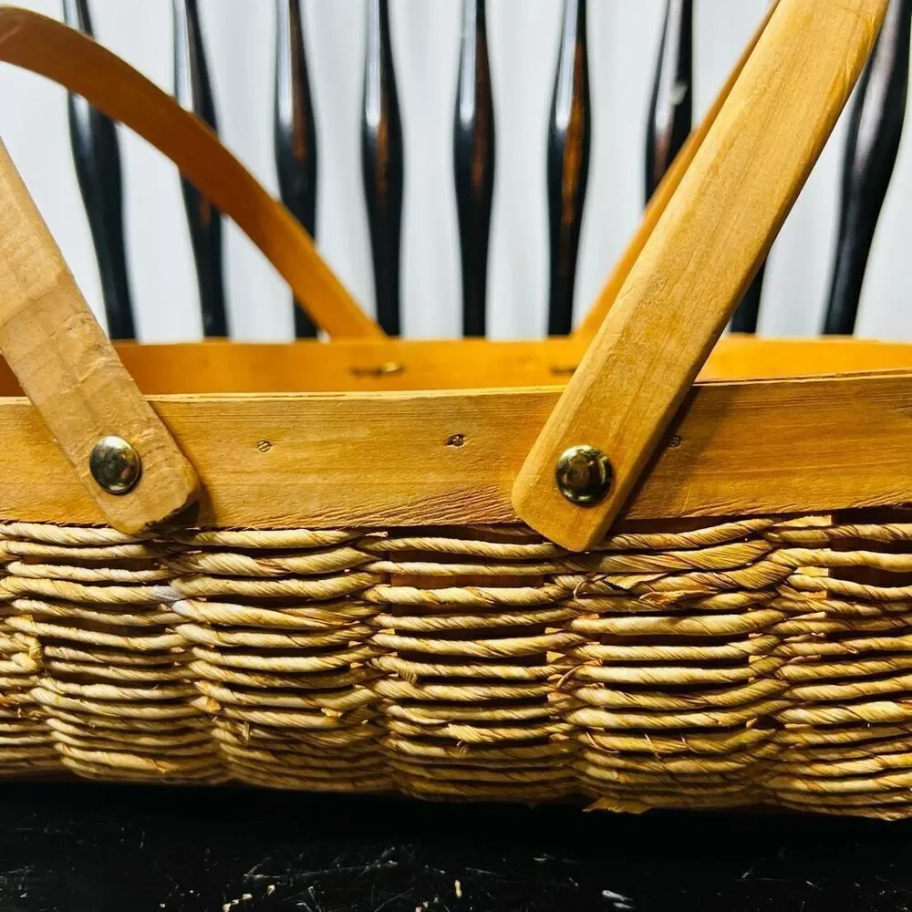 Brown Wooden Woven Double Handled Basket
